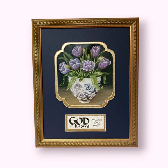 Christian Scripture Framed Picture Purple Floral Tulips Ps 44:21 Inspirational - Picture 2 of 13